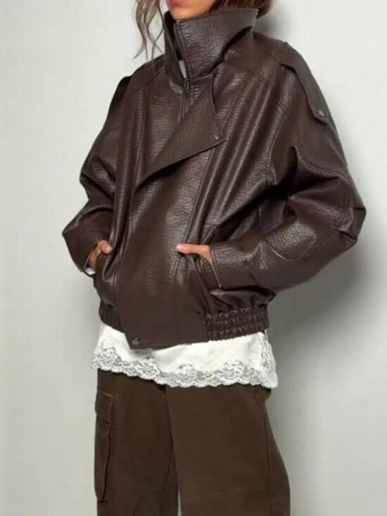 Jackets & Blazers - Dark Brown Casual Women's Stand Collar Faux Leather Jacket